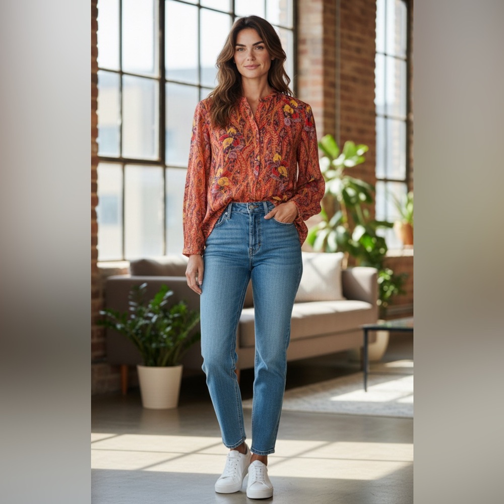 Lucky Brand Paisley floor, print, long sleeves rayon shirt button down